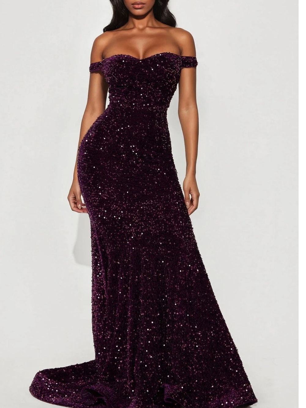 Fashion Nova Off-Shoulder Sequin Mermaid Gown in Deep Plum